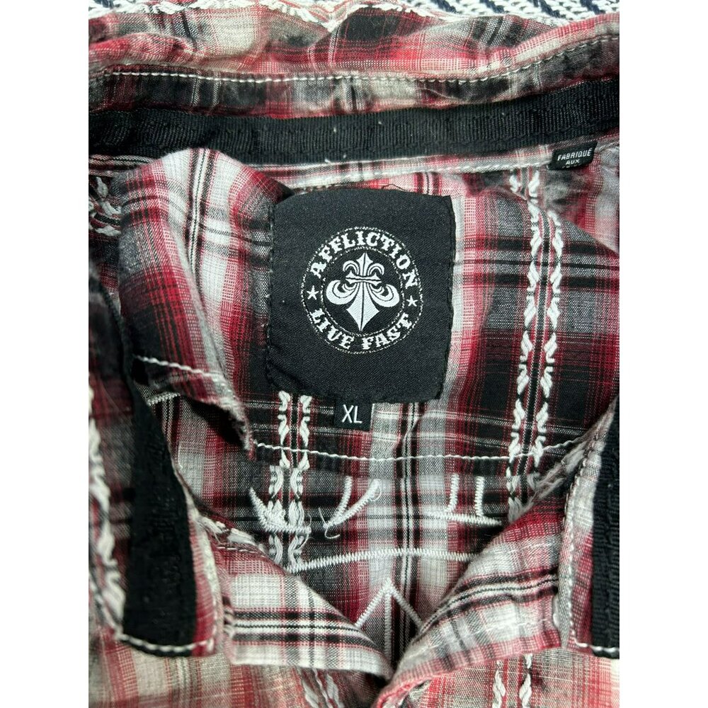 Affliction Men's XL Red/Black Plaid Button-Up Shirt Embroidered Design Studs - Picture 3 of 5